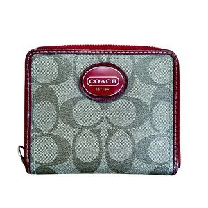Coach Signature Peyton Zip Around Wallet in Khaki and Crimson